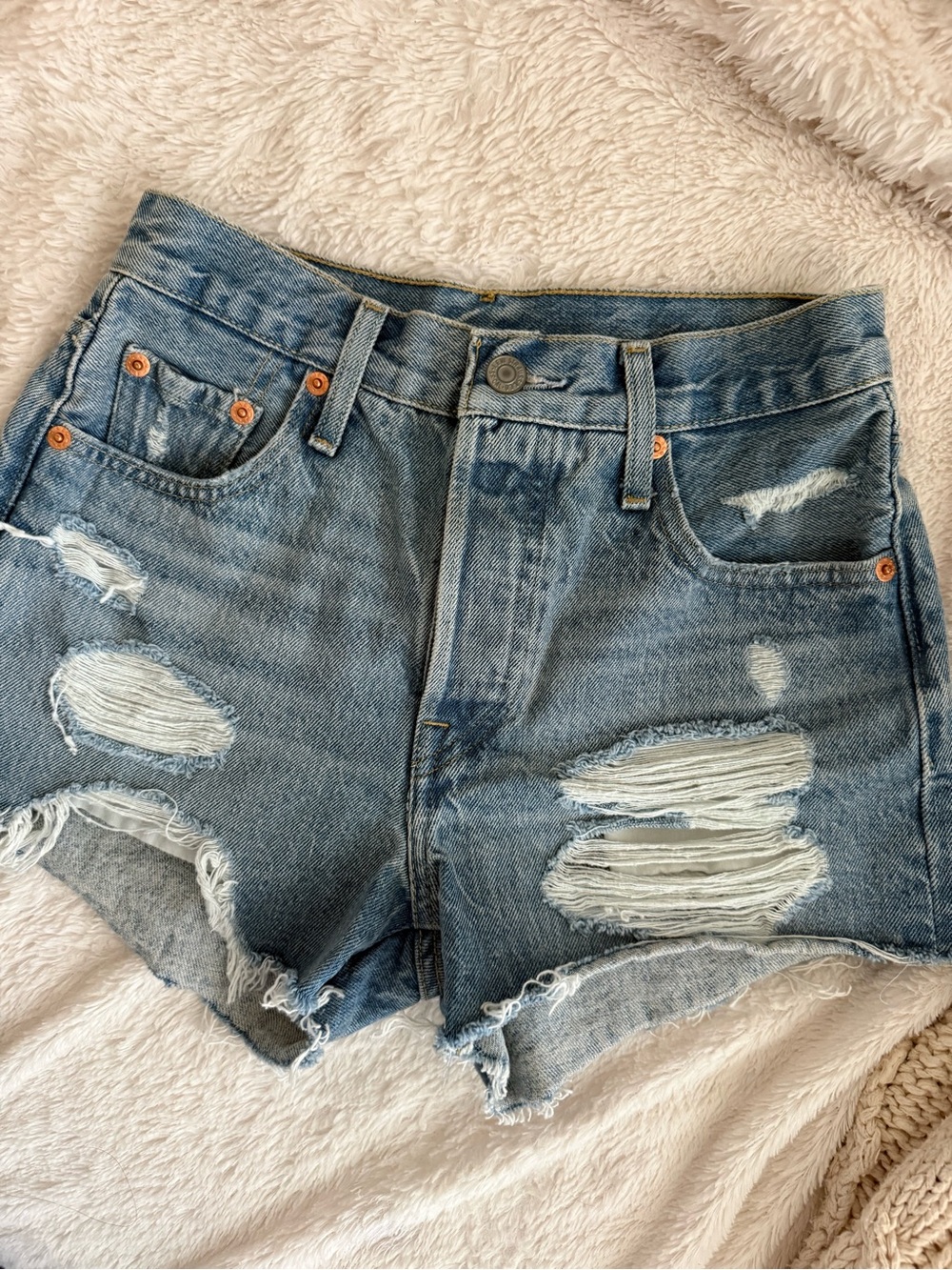Levi's Light Blue Distressed High-Rise Jean Shorts